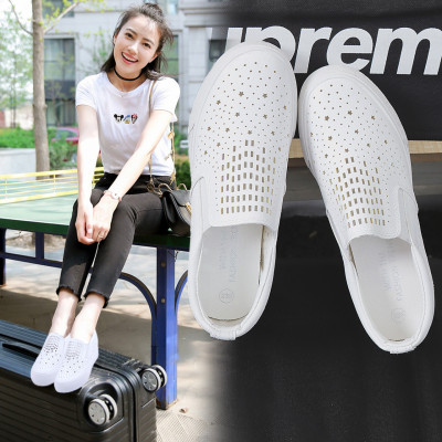 夏季镂空透气小白鞋厚底内增乐福鞋 夏天透气小白鞋女韩版新款牛皮乐福鞋内增高懒人鞋白色镂空休闲鞋