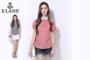 ELAND衣恋2016夏装新品格纹短袖系带衬衫EEYC62405A专柜正品