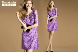 丹慕妮尔女装2016夏装新品紫色五分袖绣花直筒女士连衣裙夏季2722
