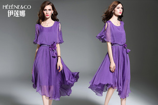 伊莲娜女装夏装2016新款潮紫色雪纺连衣裙露肩荷叶边气质仙女长裙