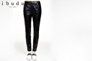 ibudu2015冬装新款时尚黑色pu皮拼接修身小脚长裤女E541034K00