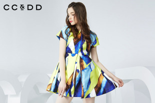CCDD2016春装新款专柜正品波普印花时尚撞色连衣裙打褶蓬