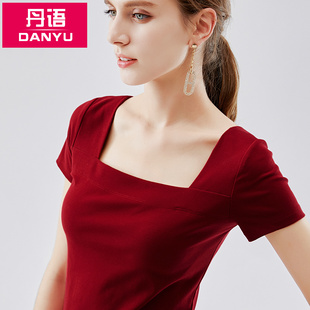 短袖t恤女夏季2020新款红色方领上