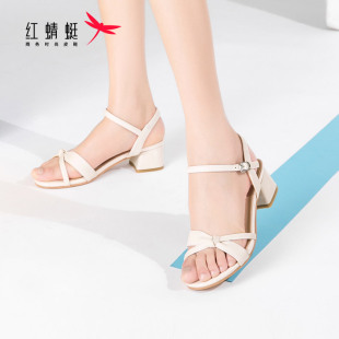 红蜻蜓中跟一字带凉鞋女2020夏季新