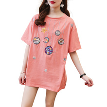 Short sleeve T-shirt women's Embroidery sequins medium long T-shirt net red ins super fire loose top trend