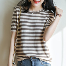 Summer T-shirt women's new short sleeve loose set round neck stripe ice silk knitwear fashion