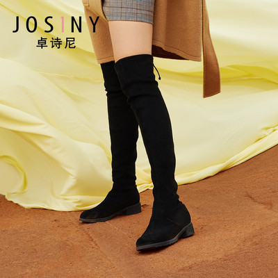 卓诗尼过膝长靴2019冬新款平底粗跟