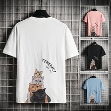 New cat printed short sleeve T-shirt for men's white base coat trend in summer 2020