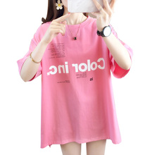 Short sleeve T-shirt women's summer letter print Korean loose school style medium long top in fashion