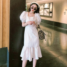 French white first love square collar bubble sleeve dress women's summer collection waist temperament fishtail skirt