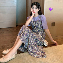 Summer 2020 new plump mm gentle women's Purple Floral Dress half thin