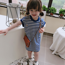 Summer 2019 new children's casual mid length DRESS GIRLS NAVY BLUE STRIPE