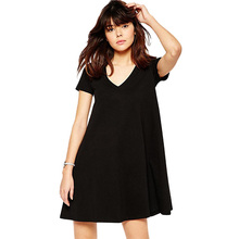 Cotton short sleeve small black skirt medium length loose dress