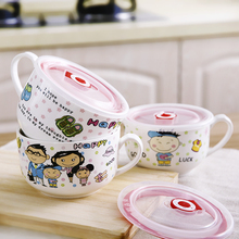 日式陶瓷汤面碗可爱创意卡通泡面杯带盖带把饭碗筷便