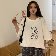Letter bear embroidery half sleeve large T-shirt for women 2020 summer new loose medium long