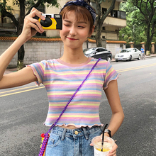 韩版泫雅体恤彩虹条纹短袖T恤女2019新款学院风修身